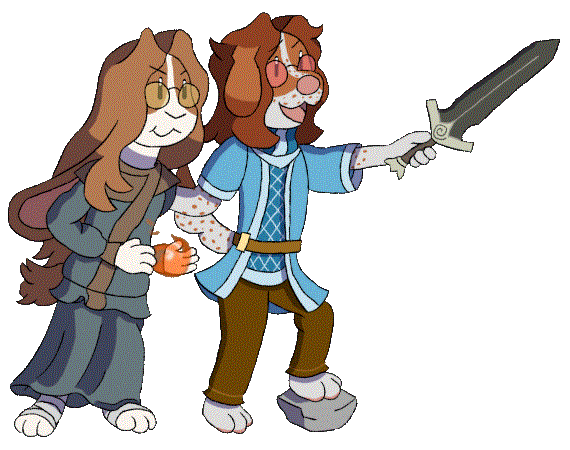 Bunny and Setter in fantasy garb, ready to take down a dragon