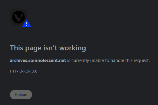 A 500 server error in Vivaldi