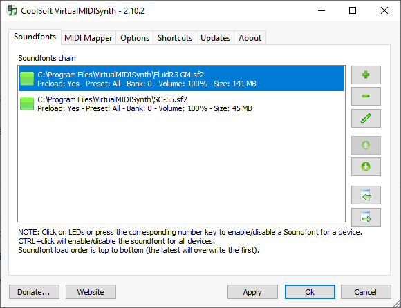 VirtualMIDISynth's soundfonts configuration tab