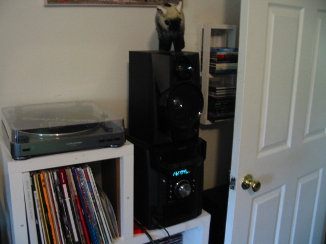 My Sharp stereo on a funky Ikea-sorta storage cube thing