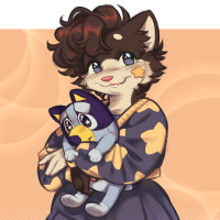 Owed art, a star-themed dogie with a Bluey plushie