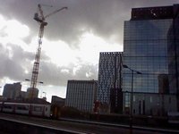 A crane overlooking the train line into Cardiff Bay