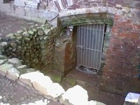 A lowered fenced-off door