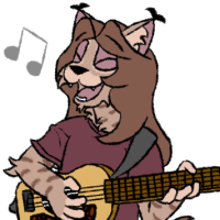 A hippie bobcat Superkitty singing and playing guitar