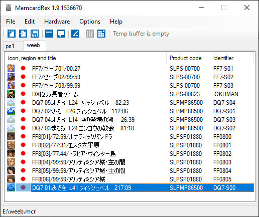 The contents of my mystery Japanese PS1 memory card as seen in MemcardRex